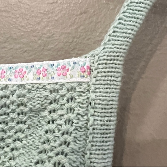 NWT Y2K Floral Ribbon Cami Sweater Linen Blend Sz L Petite Pastel Green Pink - Picture 2 of 11